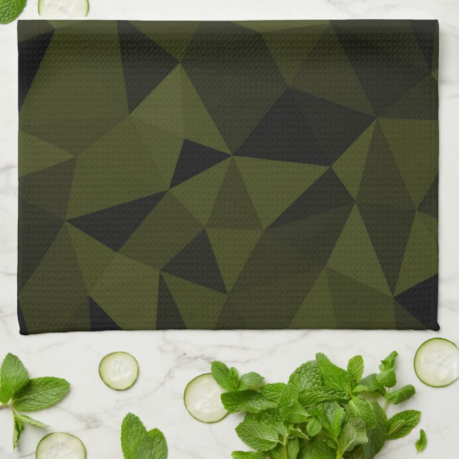 Dark army green black geometric mesh pattern cool  tea towel (Folded)