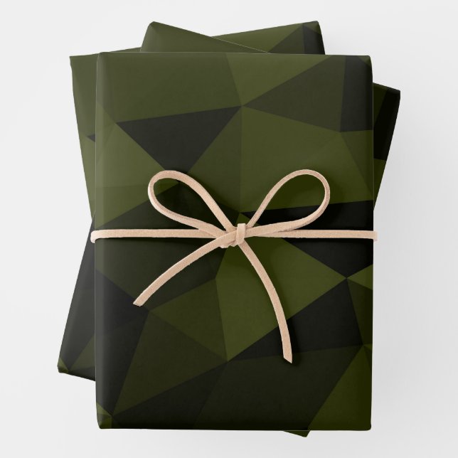Dark army green black geometric mesh pattern cool  wrapping paper sheet (In situ)