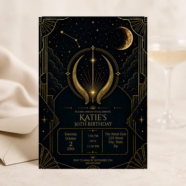 Dark Art Deco Taurus Zodiac 30th Birthday Invitation (Dark Art Deco Taurus zodiac 30th birthday invitation featuring celestial details, vintage-inspired)