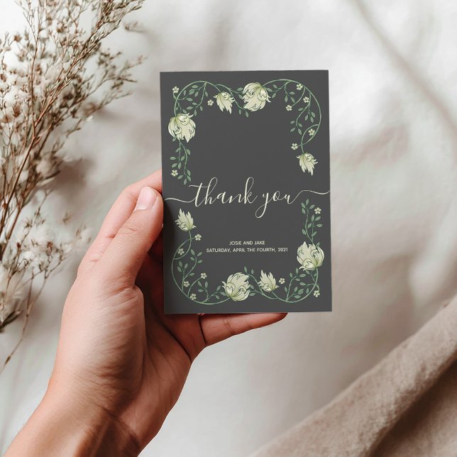Dark Art Nouveau pretty frame wedding thank you (Elegant Art Nouveau botanical frame wedding thank you card features thank you script and photo.)