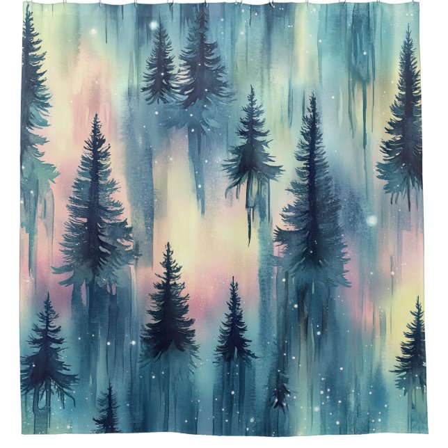Dark Aurora Borealis Night Forest (10) Shower Curtain (Front)