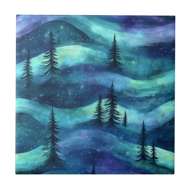 Dark Aurora Borealis Night Forest (9) Tile (Front)