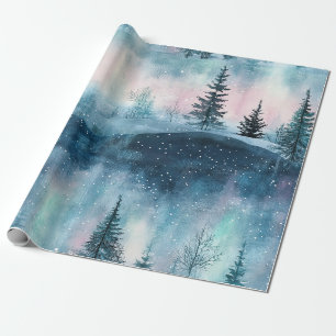 Dark Aurora Borealis Night Forest Wrapping Paper