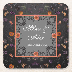 Dark Autumn Floral Personalised Wedding  Square Paper Coaster