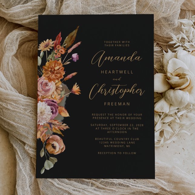 Dark Autumn Floral Script Wedding Invitation (Creator Uploaded)