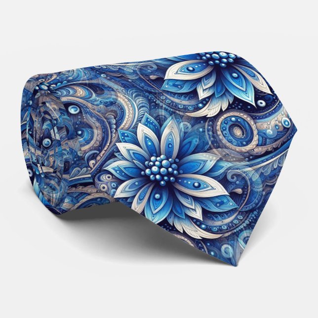 Dark Azure Navy Blue Black Paisley Art Pattern Tie (Rolled)