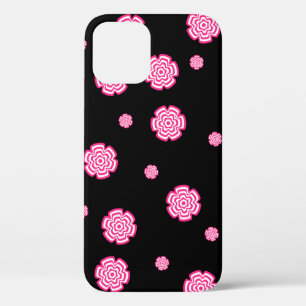 Dark background bright stylised pink flowers. abst iPhone 12 case