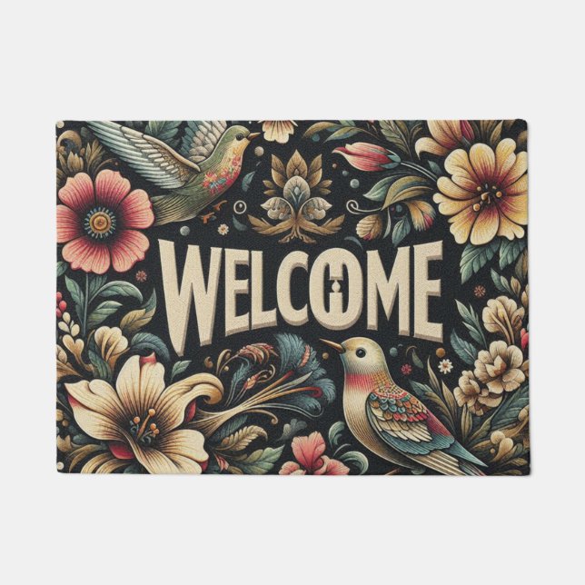 Dark Background Flowers And Birds Doormat (Front)