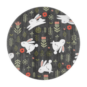 Dark background, white rabbits, floral vintage. cutting board