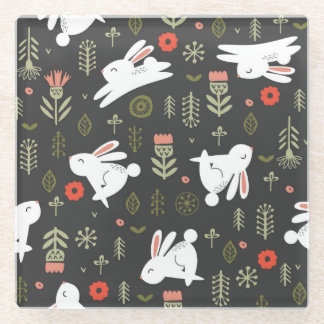 Dark background, white rabbits, floral vintage. glass coaster