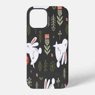 Dark background, white rabbits, floral vintage. iPhone 12 case