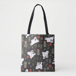 Dark background, white rabbits, floral vintage. tote bag