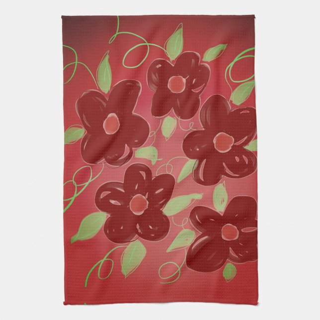 Dark barn red floral tea towel (Vertical)