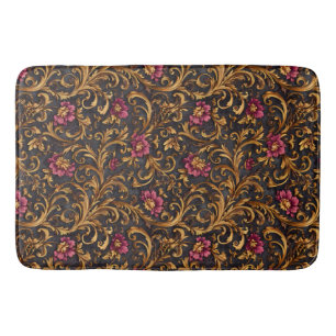 Dark Baroque Floral with Gold Scrolls Bath Mat