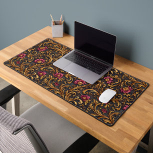 Dark Baroque Floral with Gold Scrolls Desk Mat