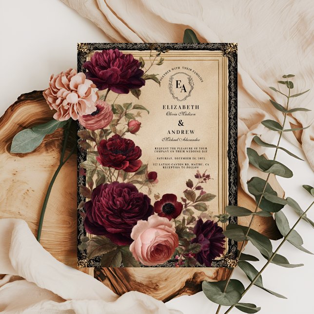 Dark Baroque with Burgundy Autumn Florals Invitation (Creator Uploaded)