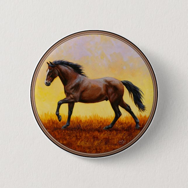 Dark Bay Stallion Horse Galloping 6 Cm Round Badge (Front)