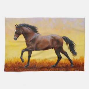 Dark Bay Stallion Horse Galloping Tea Towel