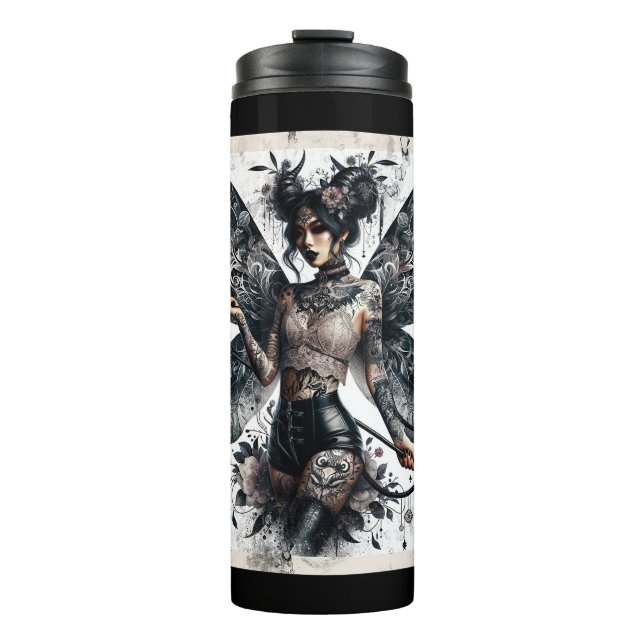 Dark Beauty Gothic Asian Fairy Tattoos & Whip Thermal Tumbler (Front)