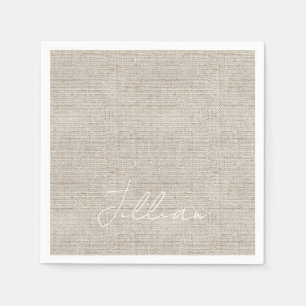 Dark Beige Linen Fabric White NAME Timeless  Napkin