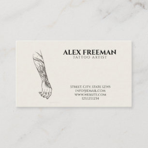 Dark Black and Khaki Tattooed Arm Tattoo Artist Business Card
