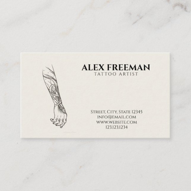 Dark Black and Khaki Tattooed Arm Tattoo Artist Business Card (Front)