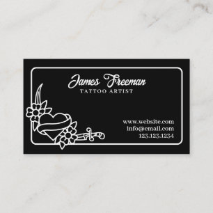 Dark Black and White Heart Knife Tattoo Artist Business Card