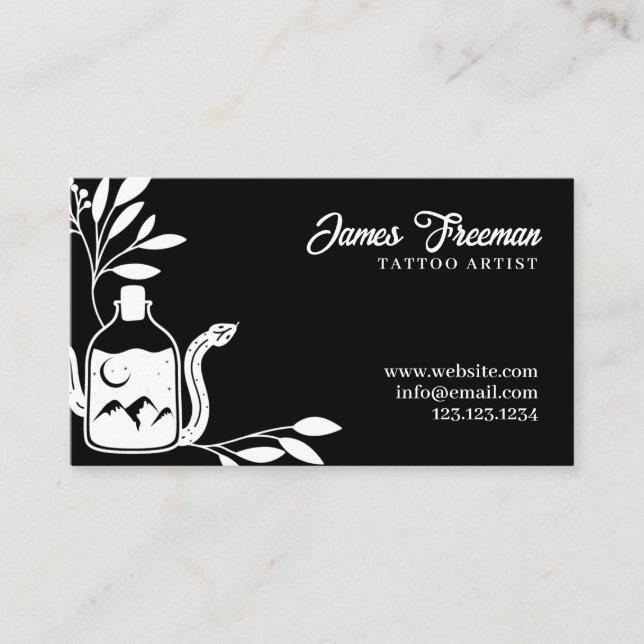 Dark Black and White Leaves Snake Tattoo Artist Business Card (Front)