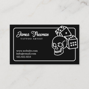 Dark Black and White Skull Dice Tattoo Artist Business Card