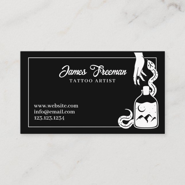 Dark Black and White Snake Tattoo Artist Business Card (Front)