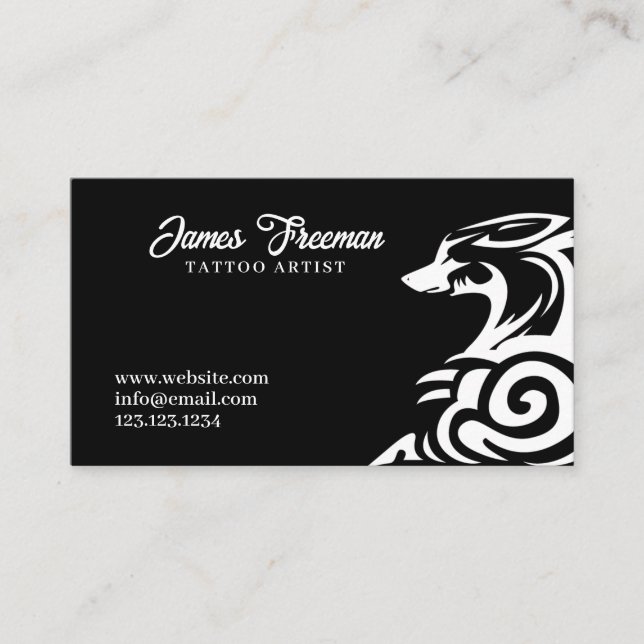 Dark Black and White Tribal Fox Tattoo Artist Business Card (Front)