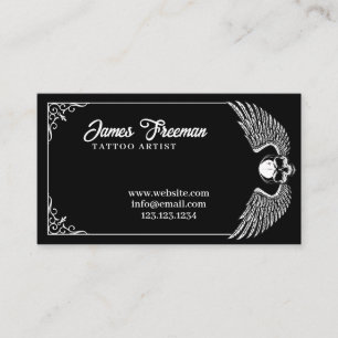 Dark Black and White Wings Skull Tattoo Artist Business Card