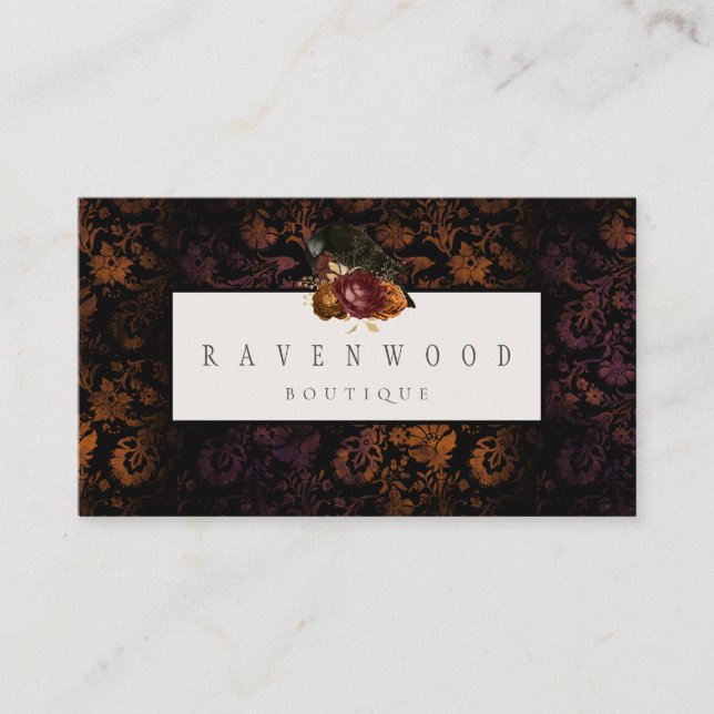 Dark Black Autumn Floral Raven Business Cards (Front)