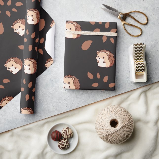 Dark Black Autumn Hedgehog Seamless Wrapping Paper (Crafts)