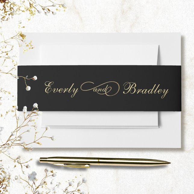 Dark Black Background Gold Script Elegant Classic Invitation Belly Band (Creator Uploaded)