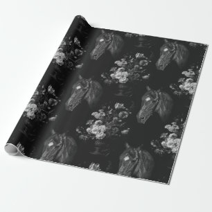 Dark Black Elegant Vintage Horse Floral Wrapping Paper