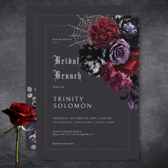 Dark Black Floral & Silver Web Bridal Brunch Invitation (Dark Black Floral & Silver Web Bridal Brunch Invitation)