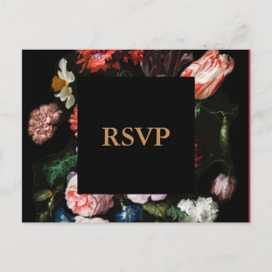 Dark Black Floral Wedding RSVP Postcard