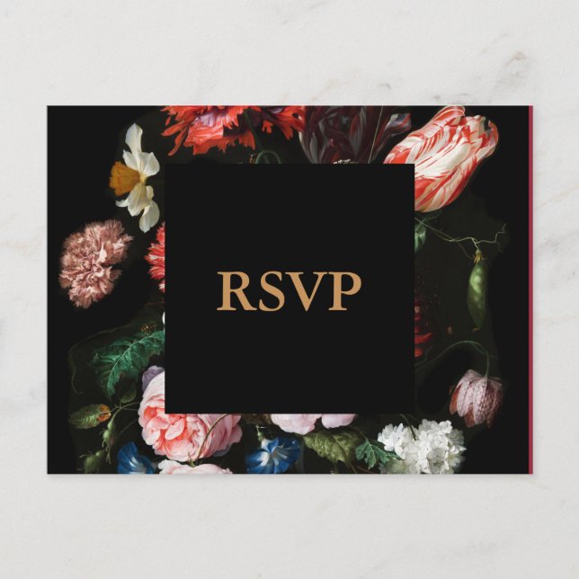 Dark Black Floral Wedding RSVP Postcard (Front)