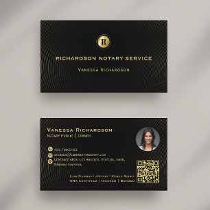 Dark Black & Gold Monogram Sleek Notary QR Photo  Business Card