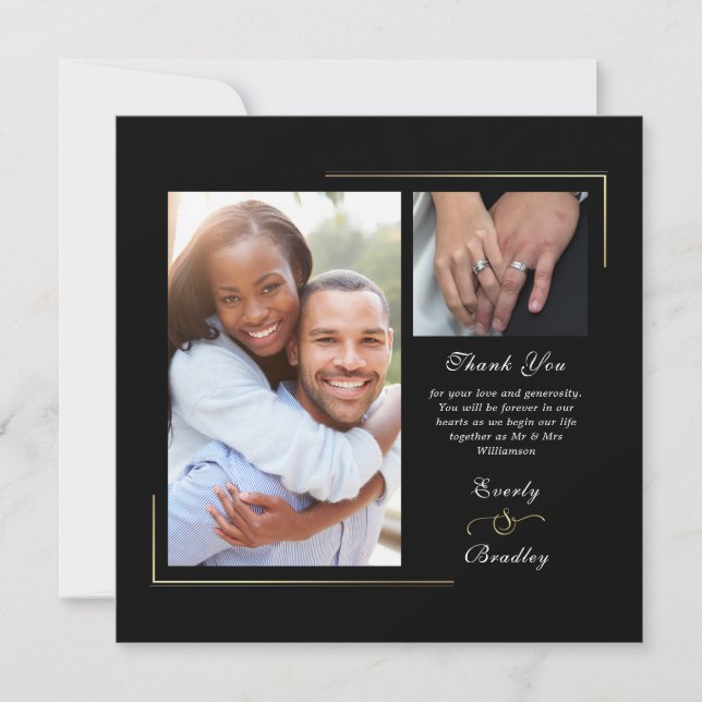 Dark Black Gold White Script Photo Thank You  Invitation (Front)