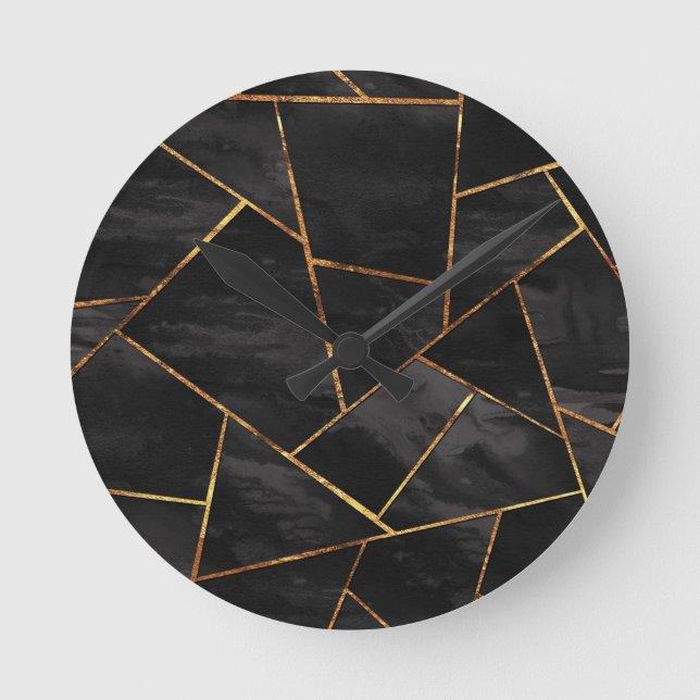 Dark Black Ink Gold Copper Geometric Glam #1 #geo  Round Clock (Front)