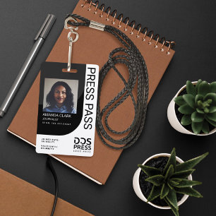 Dark Black Modern & Minimal Press Pass Photo ID ID Badge