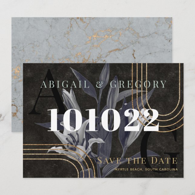 Dark Black Moody Botanical Wedding Save The Date (Front/Back)