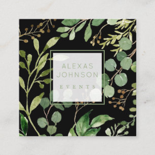 Dark Black Moody Modern Greenery Spring Square Business Card