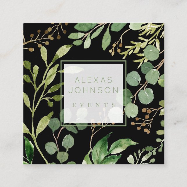 Dark Black Moody Modern Greenery Spring Square Business Card (Front)