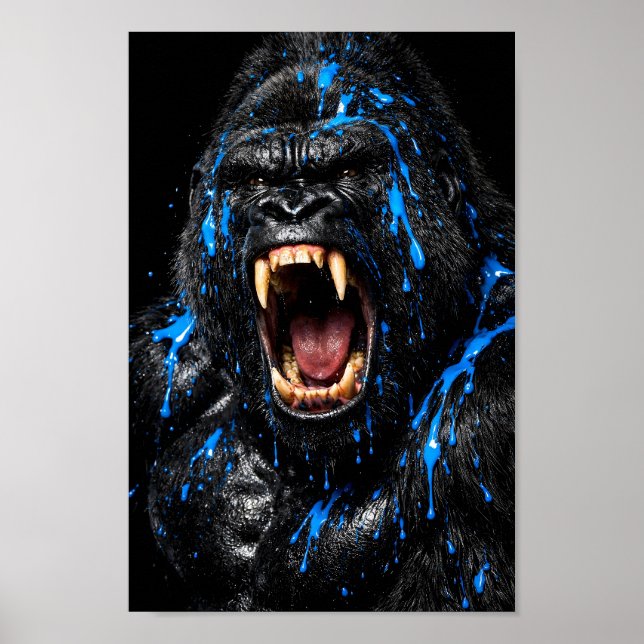 Dark Black Roaring Gorilla Blue Paint Splatter Poster (Front)