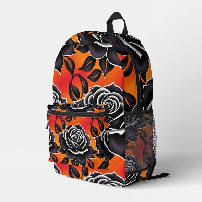 Dark Black Roses With White Outlines  Printed Backpack (Back Corner Right)