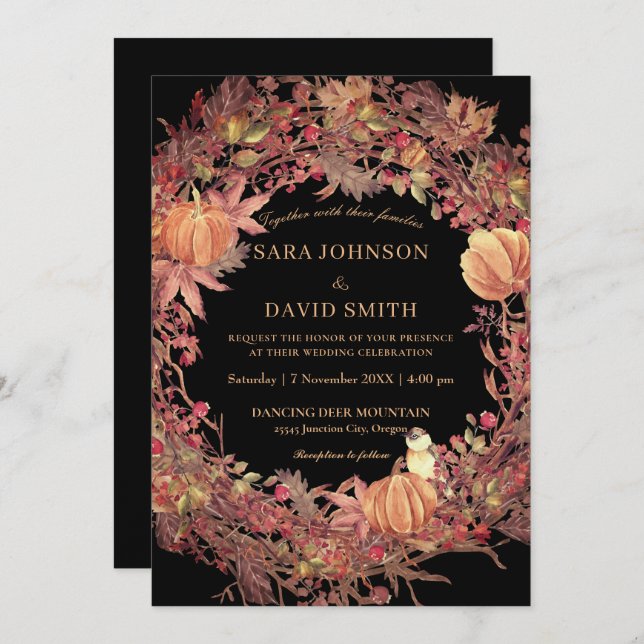 Dark Black Rustic Autumn Wreath Wedding Invitation (Front/Back)