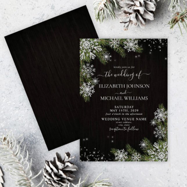 Dark Black Rustic Silver Winter Greenery Wedding Invitation (Creator Uploaded)